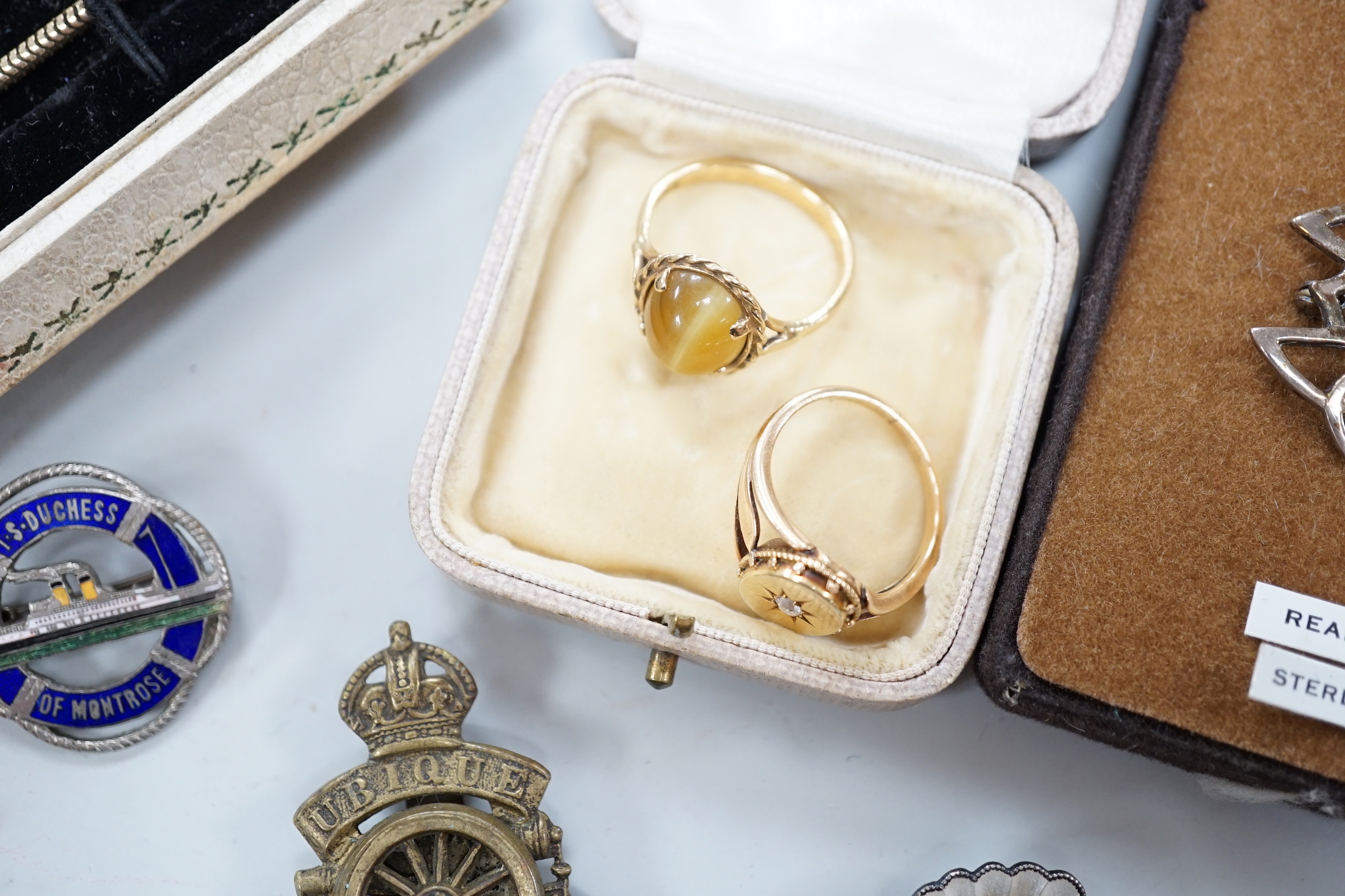 Mixed jewellery etc. including an early 20th century yellow metal and diamond chip set ring, size P, a late Victorian 18ct gold and cat's eye quartz set ring.
